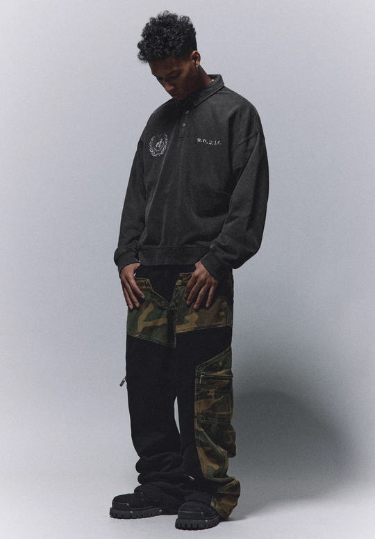 ANTIDOTE Badge Printed Washed Polo Sweatshirt | Face 3 Face