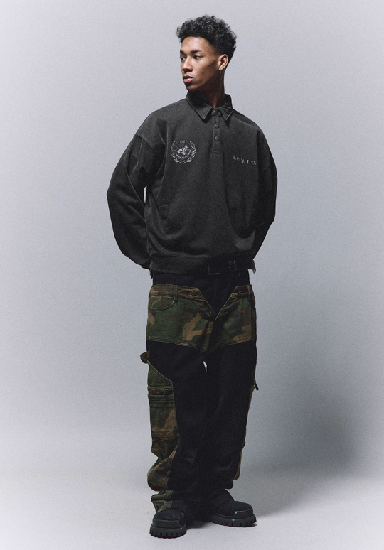 ANTIDOTE Badge Printed Washed Polo Sweatshirt | Face 3 Face