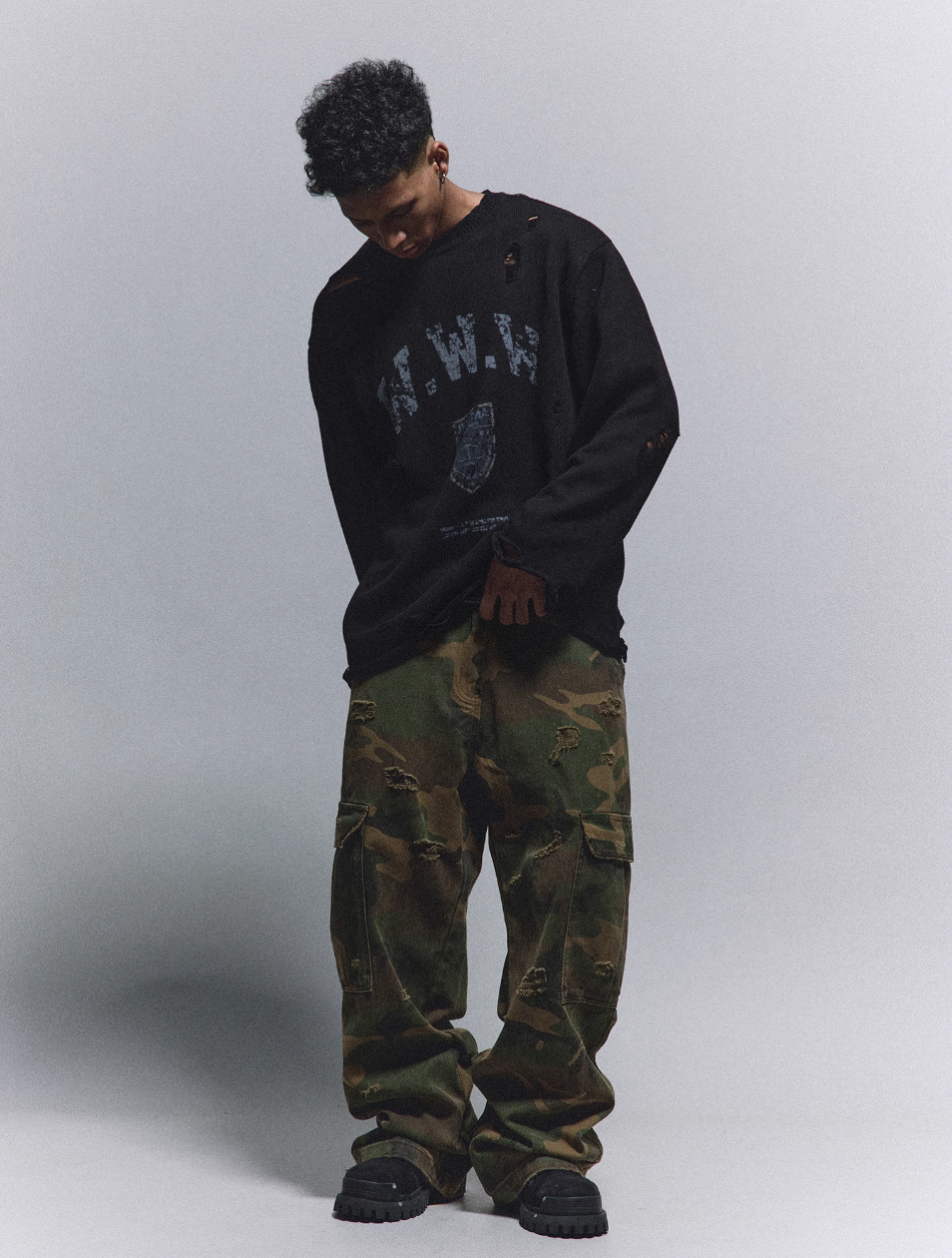 ANTIDOTE Hole Breaking Badge Printed Knit Sweater | Face 3 Face