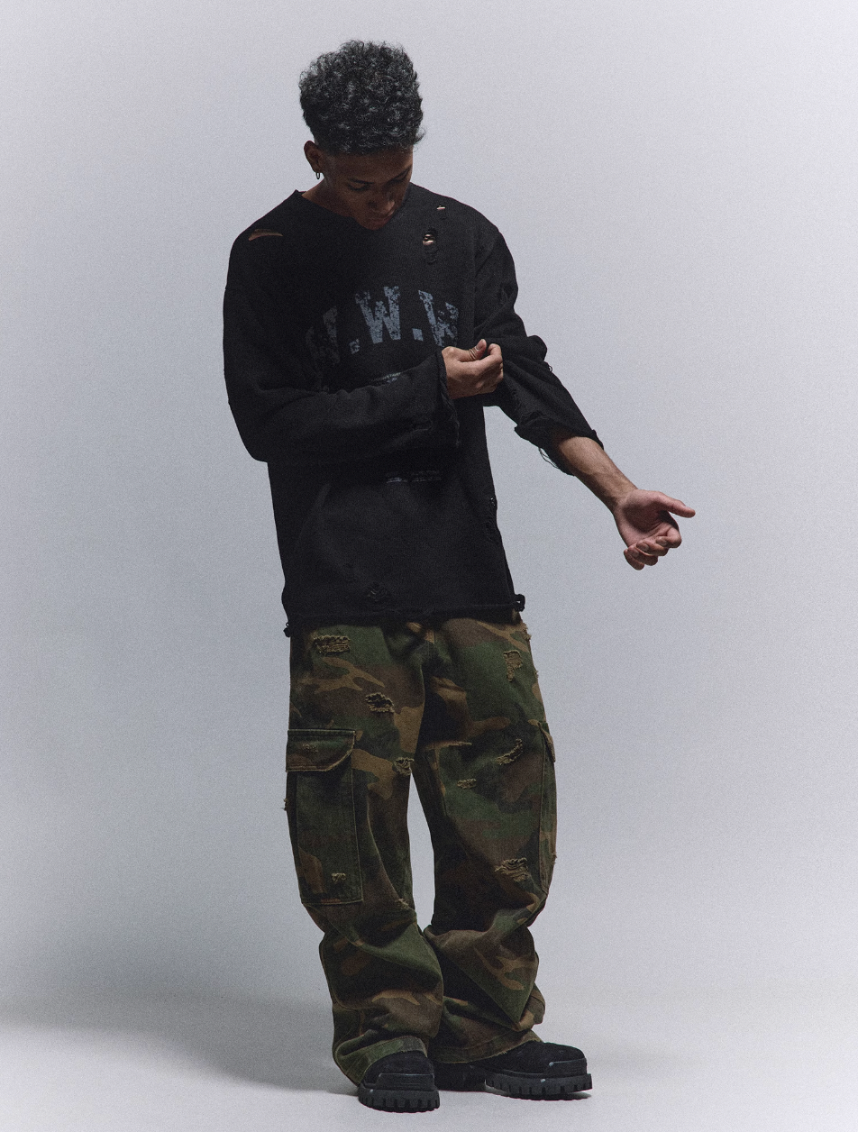 ANTIDOTE Hole Breaking Badge Printed Knit Sweater | Face 3 Face