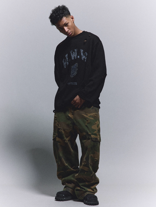 ANTIDOTE Hole Breaking Badge Printed Knit Sweater | Face 3 Face