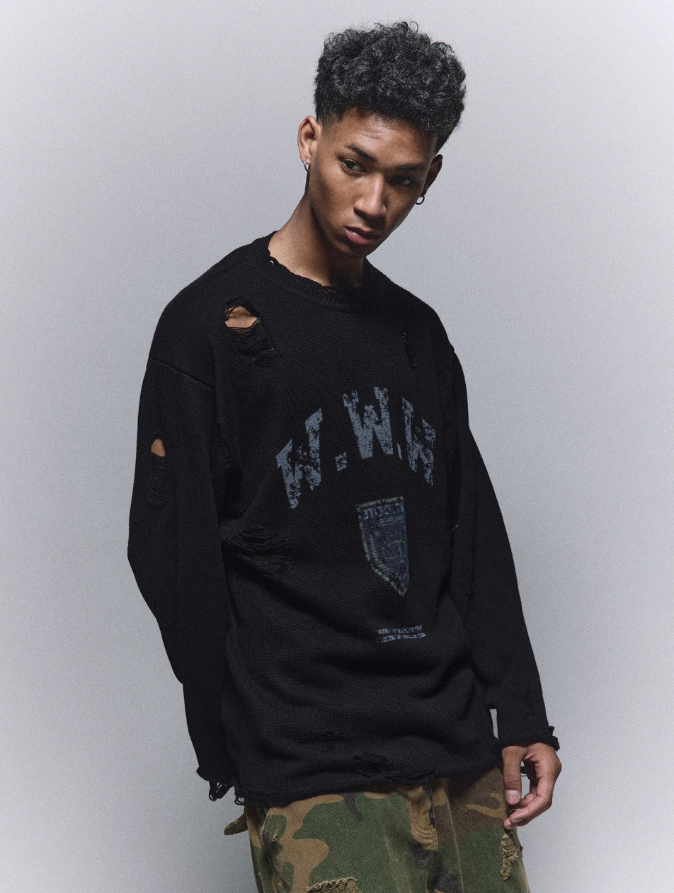 ANTIDOTE Hole Breaking Badge Printed Knit Sweater | Face 3 Face