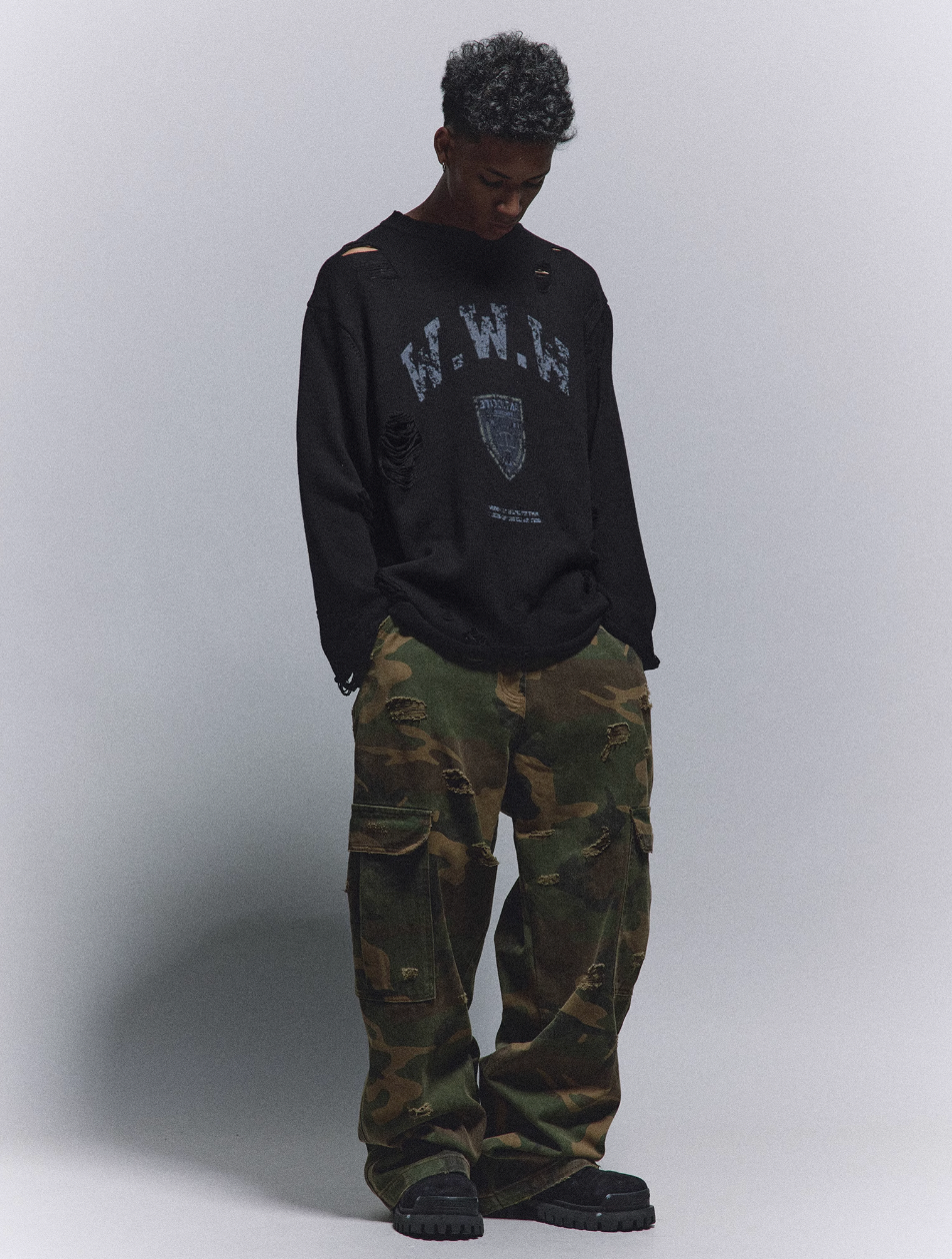 ANTIDOTE Hole Breaking Badge Printed Knit Sweater | Face 3 Face