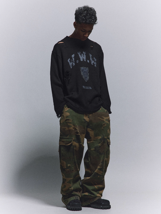 ANTIDOTE Hole Breaking Badge Printed Knit Sweater | Face 3 Face