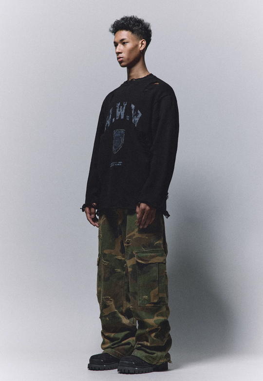 ANTIDOTE Camouflage Washed Hole Baggy Cargo Pants | Face 3 Face