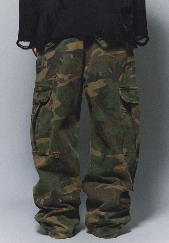 ANTIDOTE Camouflage Washed Hole Baggy Cargo Pants | Face 3 Face