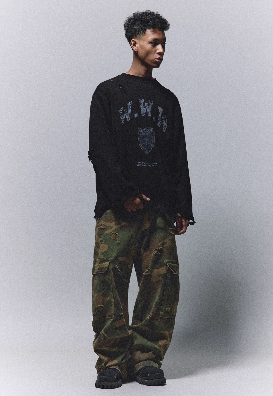 ANTIDOTE Camouflage Washed Hole Baggy Cargo Pants | Face 3 Face