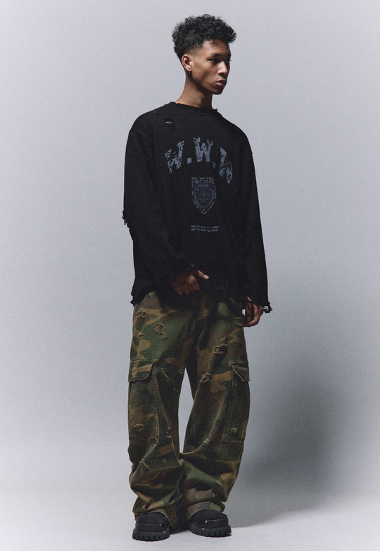 ANTIDOTE Camouflage Washed Hole Baggy Cargo Pants | Face 3 Face