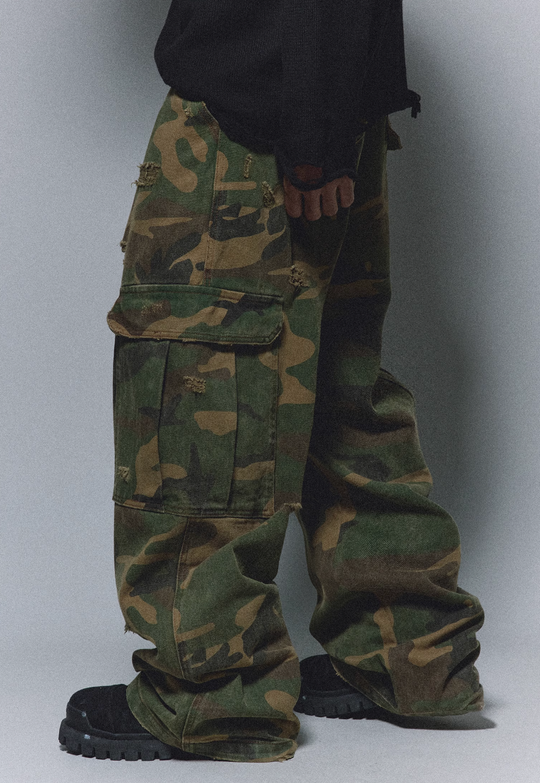 ANTIDOTE Camouflage Washed Hole Baggy Cargo Pants | Face 3 Face