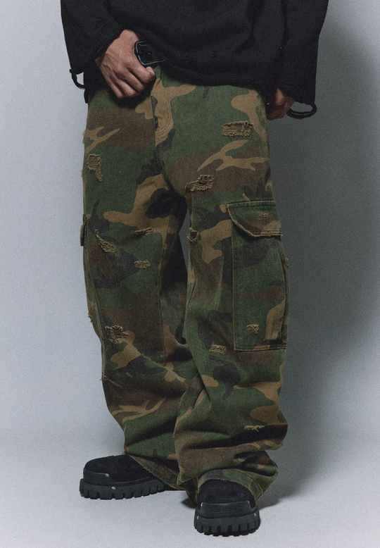 ANTIDOTE Camouflage Washed Hole Baggy Cargo Pants | Face 3 Face