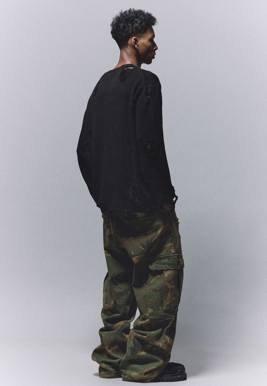 ANTIDOTE Camouflage Washed Hole Baggy Cargo Pants | Face 3 Face