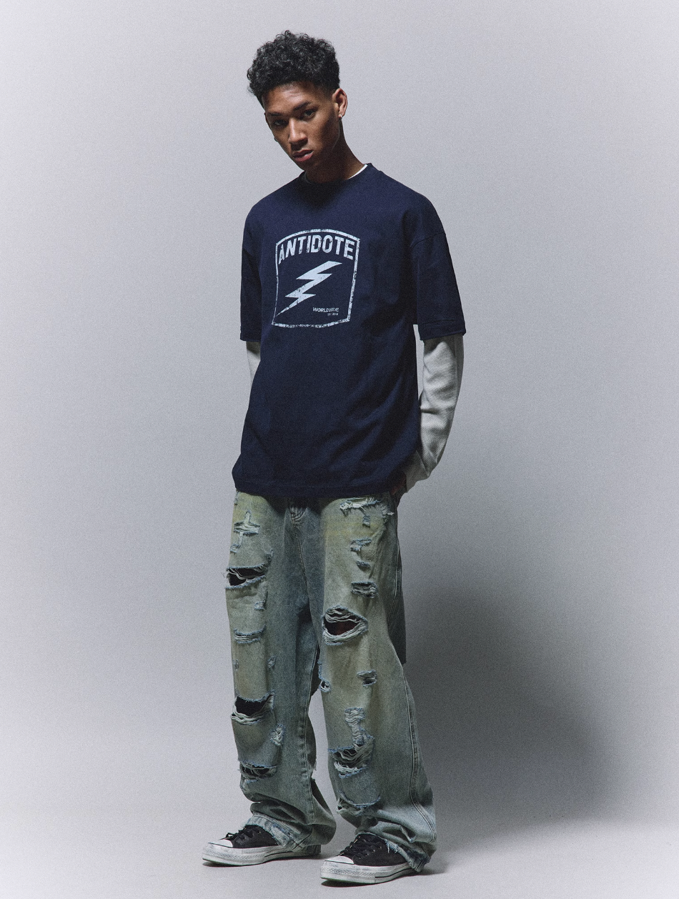 ANTIDOTE Heavy Damage Washed Broken Baggy Jeans | Face 3 Face