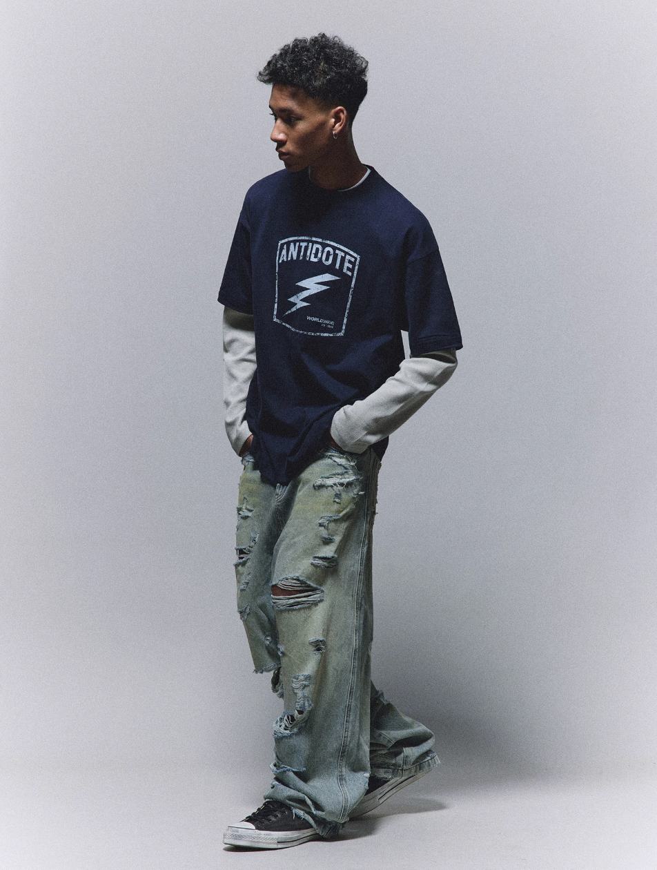 ANTIDOTE Heavy Damage Washed Broken Baggy Jeans | Face 3 Face