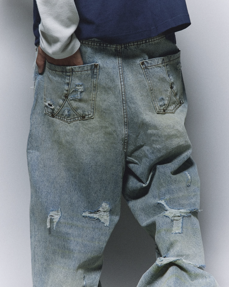 ANTIDOTE Heavy Damage Washed Broken Baggy Jeans | Face 3 Face