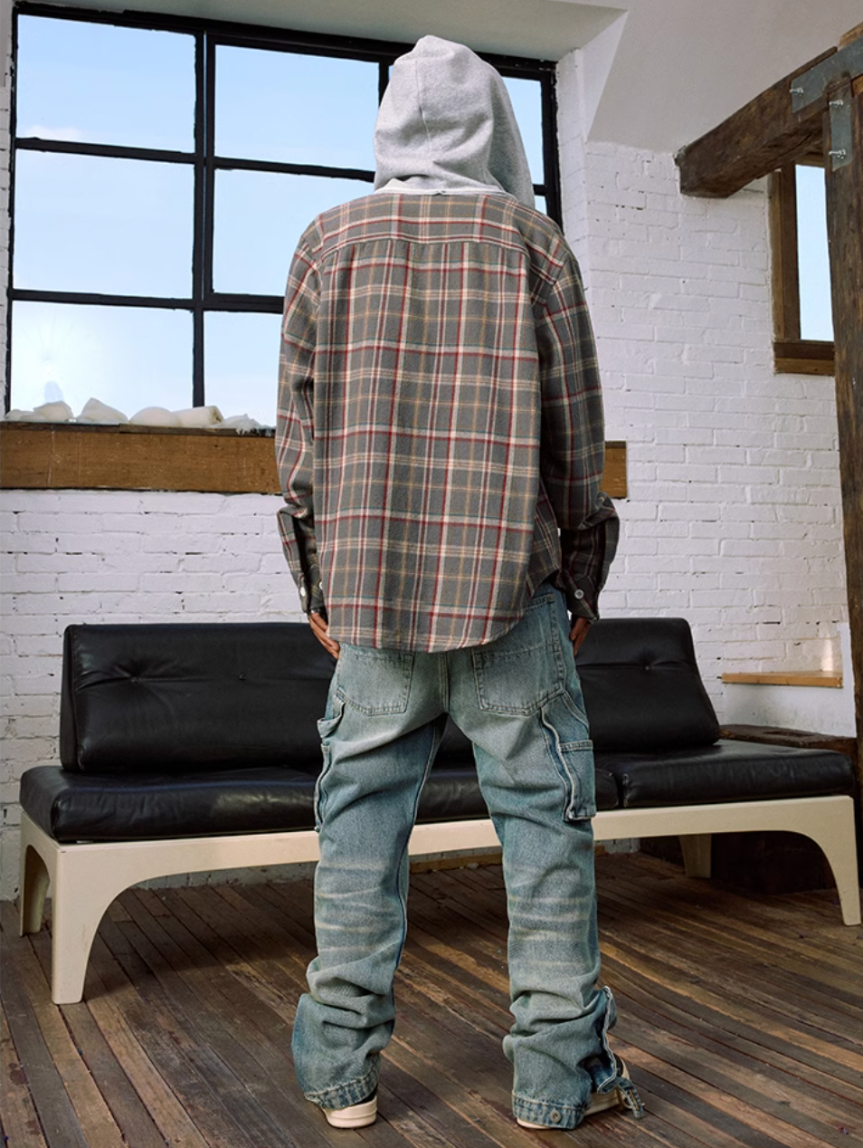 MEDM Hooded Destruction Plaid Shirt Jacket | Face 3 Face