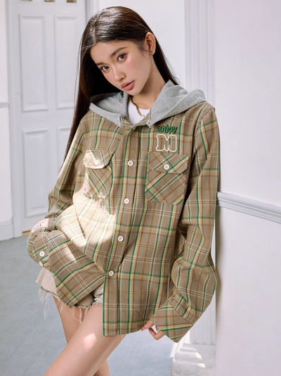 MEDM Hooded Destruction Plaid Shirt Jacket | Face 3 Face