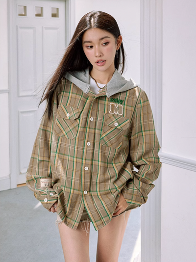 MEDM Hooded Destruction Plaid Shirt Jacket | Face 3 Face