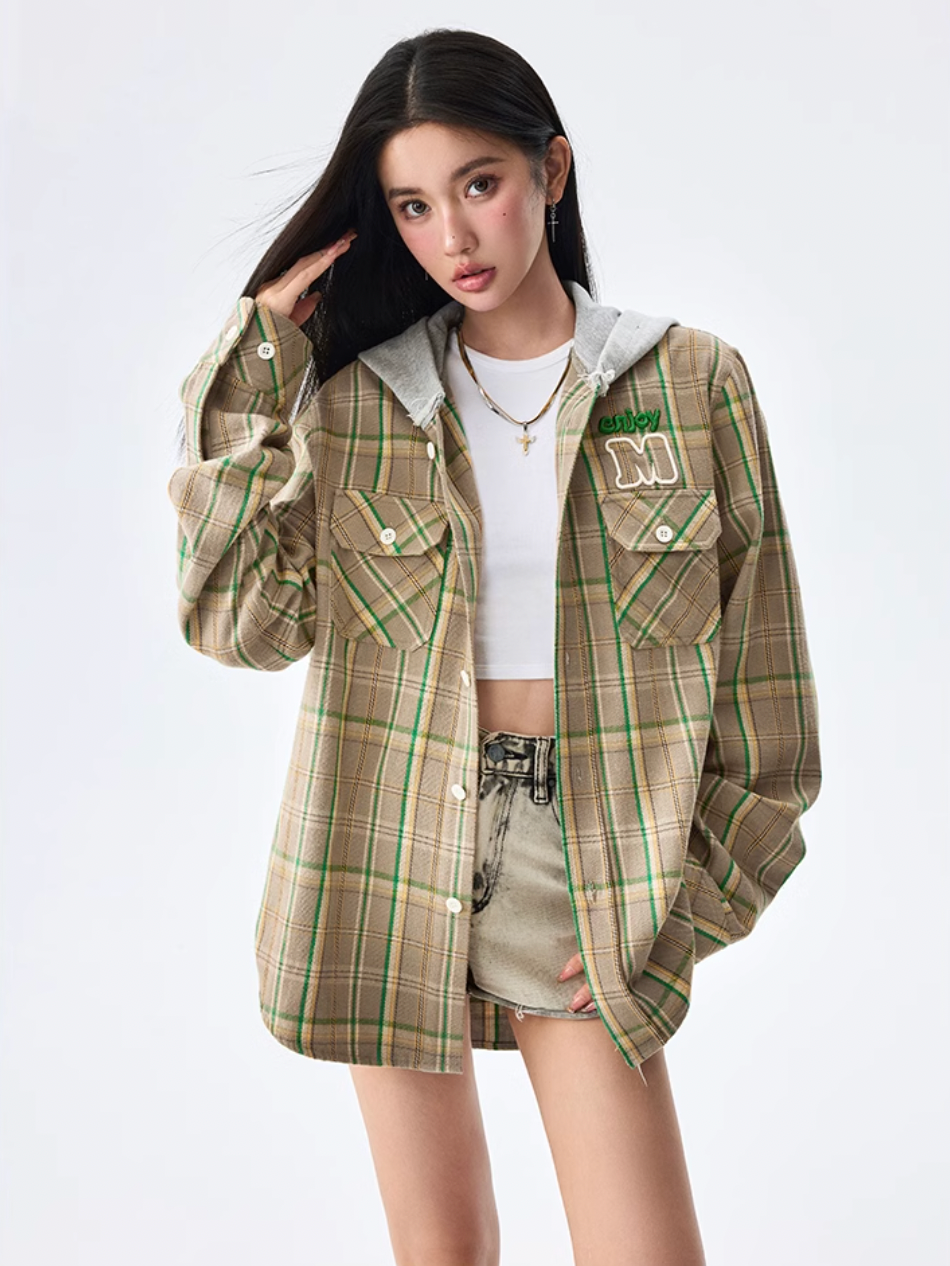 MEDM Hooded Destruction Plaid Shirt Jacket | Face 3 Face