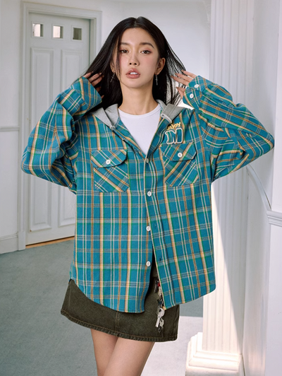 MEDM Hooded Destruction Plaid Shirt Jacket | Face 3 Face