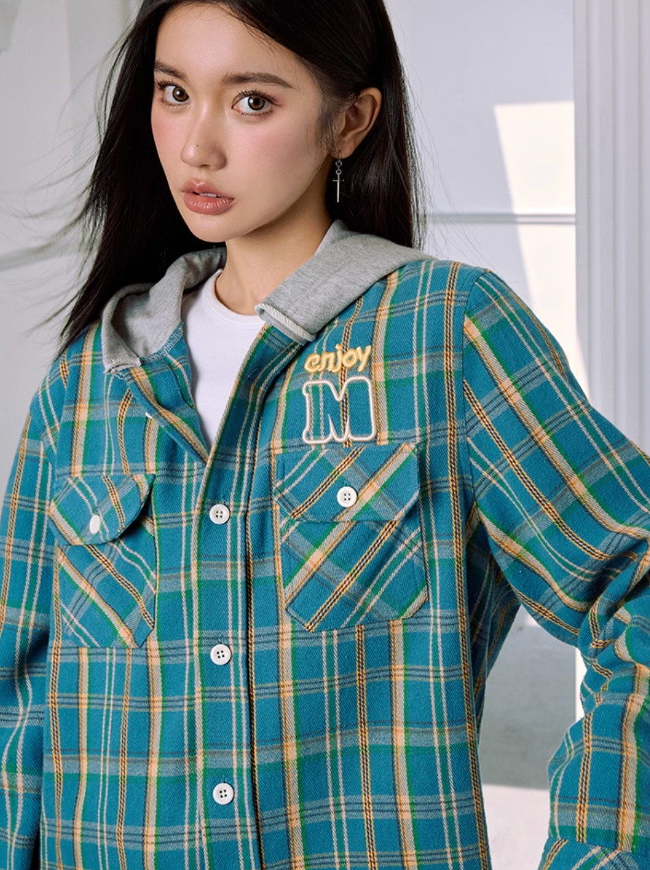 MEDM Hooded Destruction Plaid Shirt Jacket | Face 3 Face