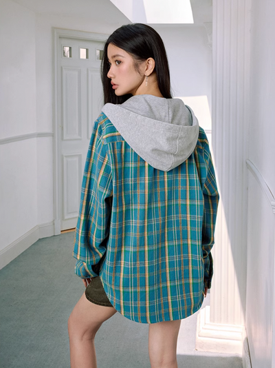 MEDM Hooded Destruction Plaid Shirt Jacket | Face 3 Face