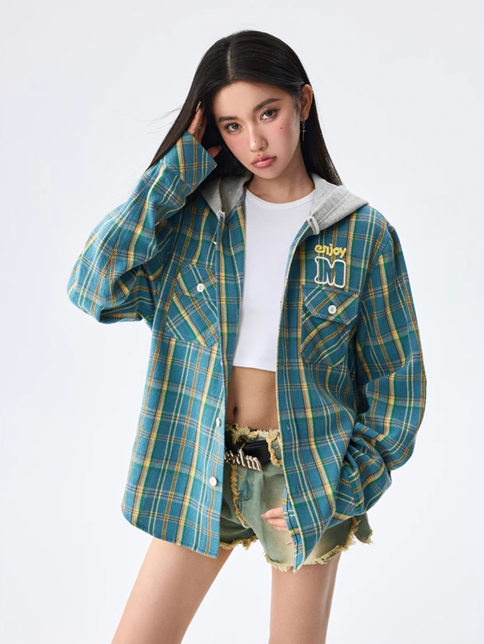 MEDM Hooded Destruction Plaid Shirt Jacket | Face 3 Face