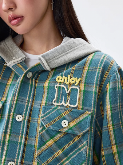 MEDM Hooded Destruction Plaid Shirt Jacket | Face 3 Face