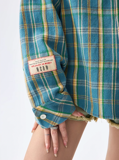 MEDM Hooded Destruction Plaid Shirt Jacket | Face 3 Face