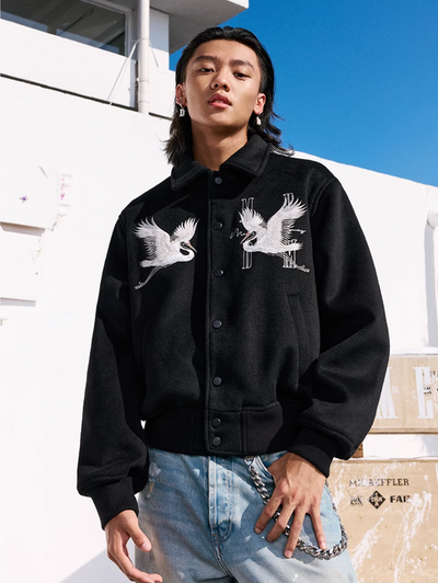 MEDM Crane Embroidery Varsity Jacket | Face 3 Face