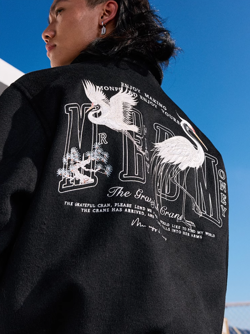 MEDM Crane Embroidery Varsity Jacket | Face 3 Face