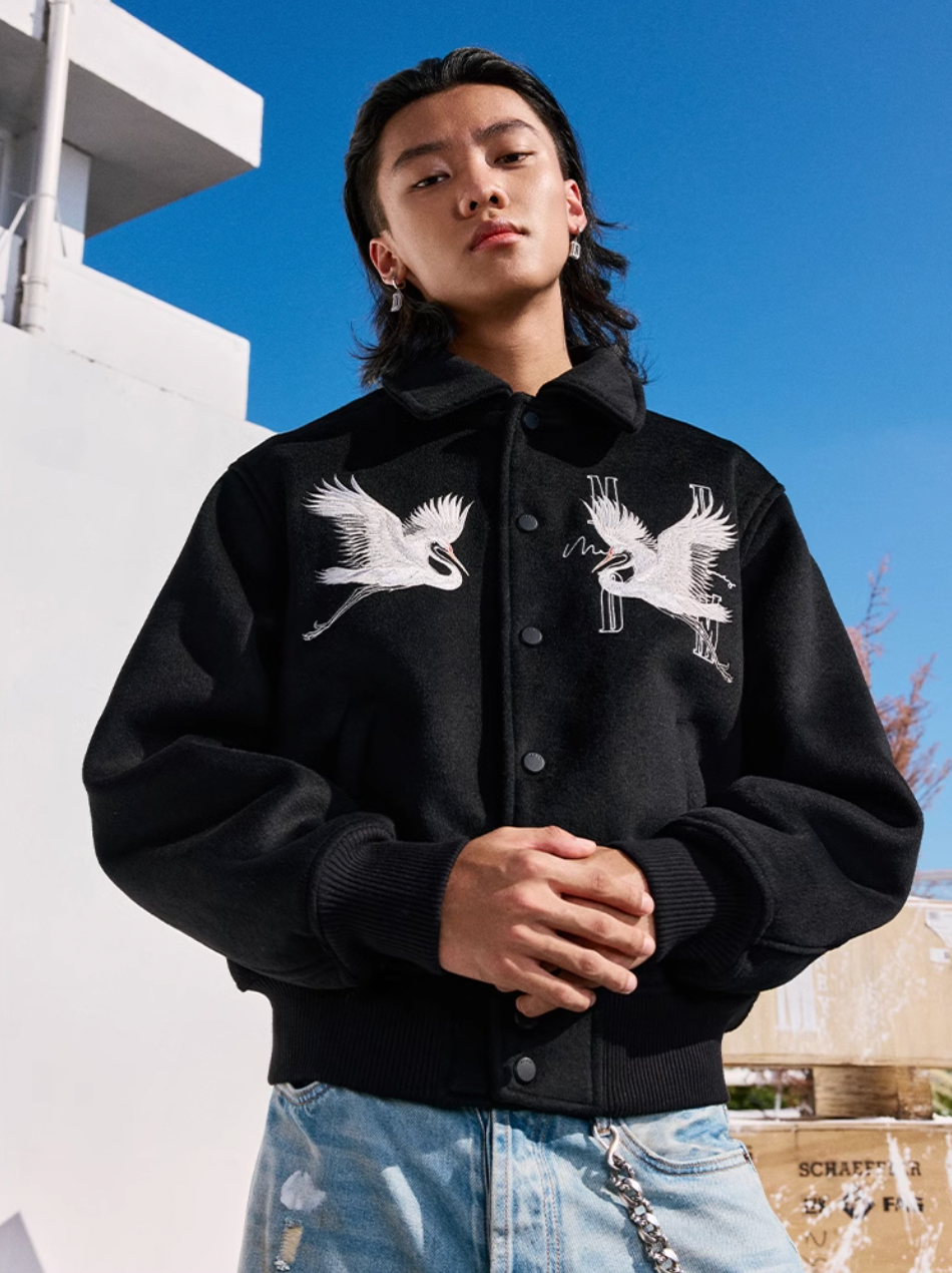 MEDM Crane Embroidery Varsity Jacket | Face 3 Face