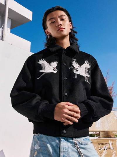 MEDM Crane Embroidery Varsity Jacket | Face 3 Face