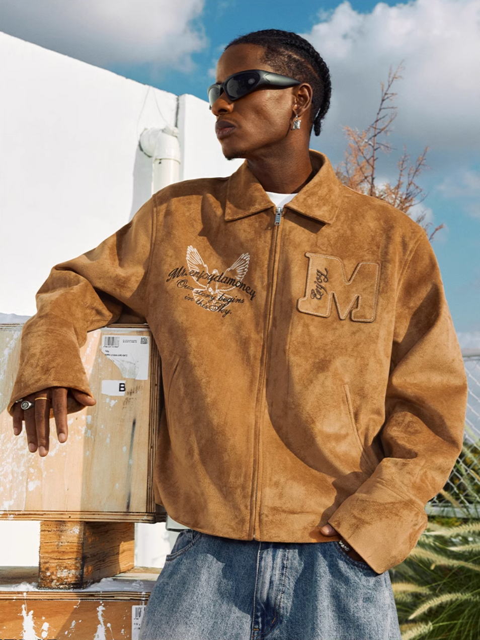 MEDM Patch Embroidered Dove Suede Jacket | Face 3 Face