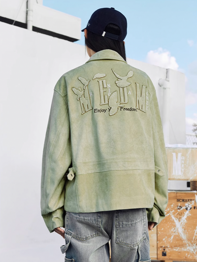 MEDM Patch Embroidered Dove Suede Jacket | Face 3 Face