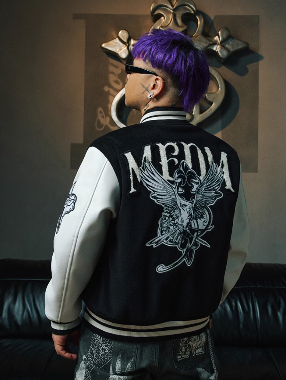 MEDM x STK Patch Embroidery Varsity Jacket | Face 3 Face