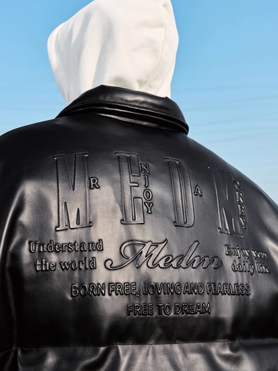 MEDM Embossed LOGO Leather Down Jacket | Face 3 Face