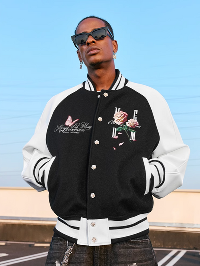 MEDM Rose Button Embroidery Varsity Jacket | Face 3 Face