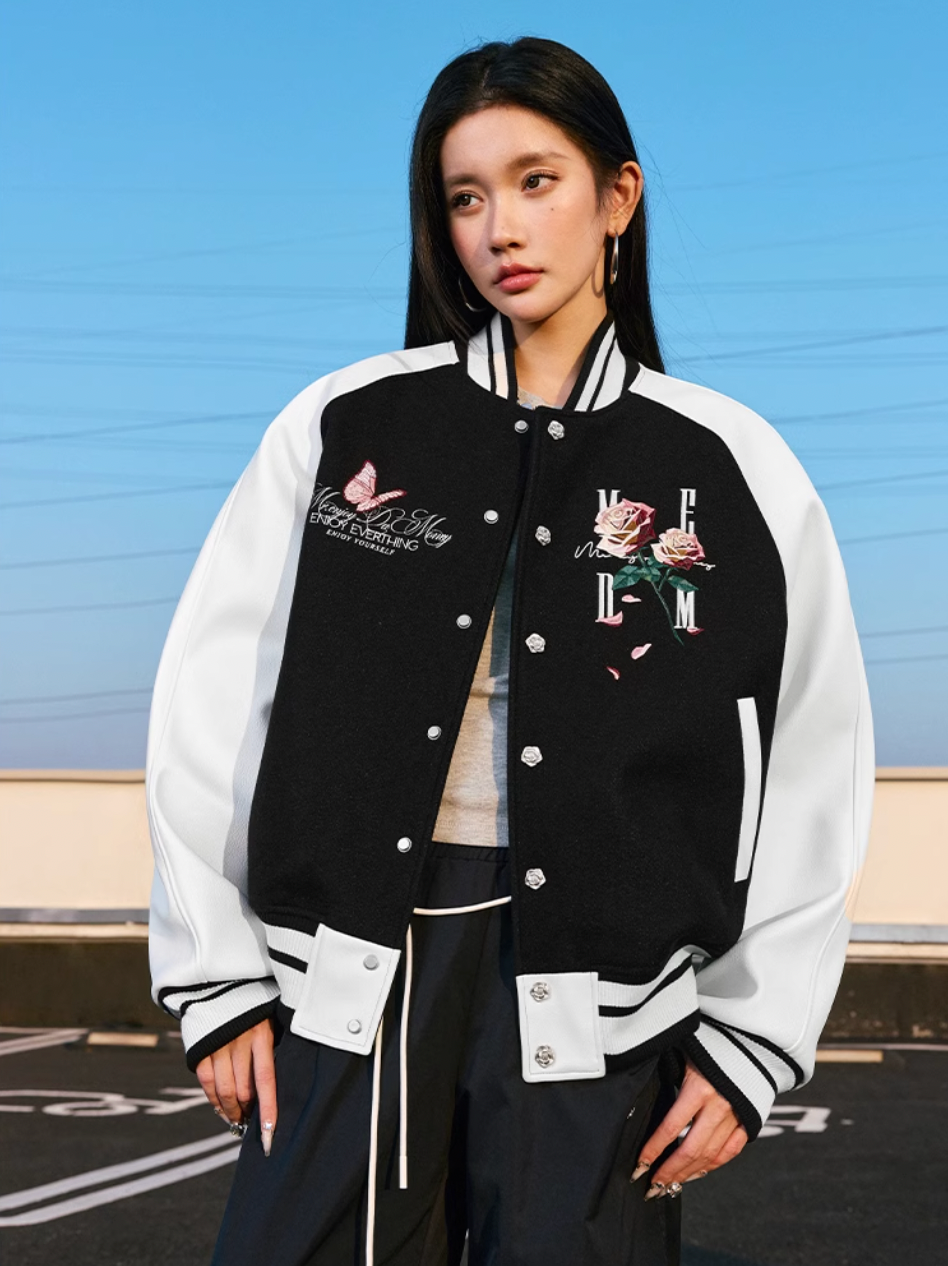 MEDM Rose Button Embroidery Varsity Jacket | Face 3 Face