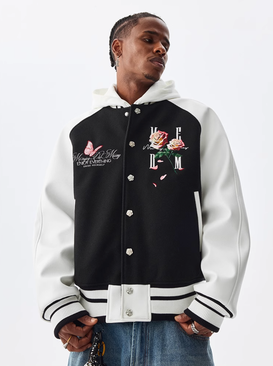 MEDM Rose Button Embroidery Varsity Jacket | Face 3 Face