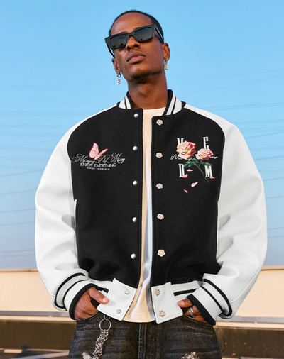 MEDM Rose Button Embroidery Varsity Jacket | Face 3 Face