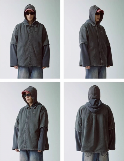 F2CE Multi Layer Hooded Washed Shirt Jacket | Face 3 Face