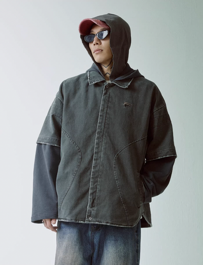 F2CE Multi Layer Hooded Washed Shirt Jacket | Face 3 Face