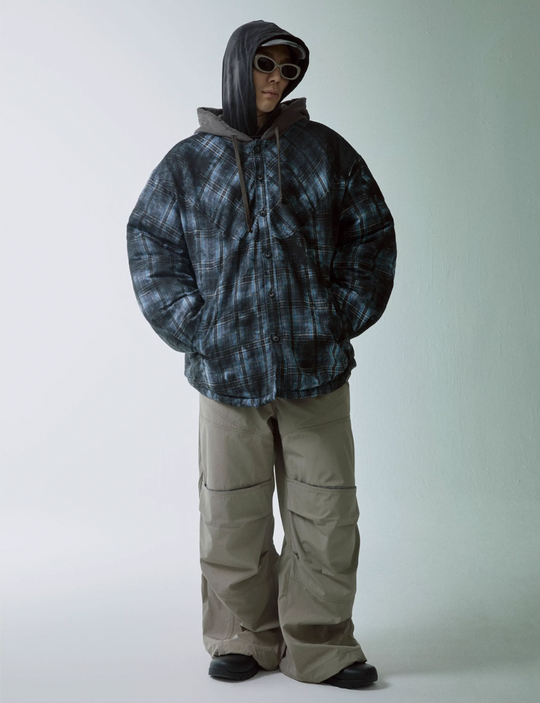 F2CE Hooded Overlay Old Plaid Quilting Shirt Jacket | Face 3 Face