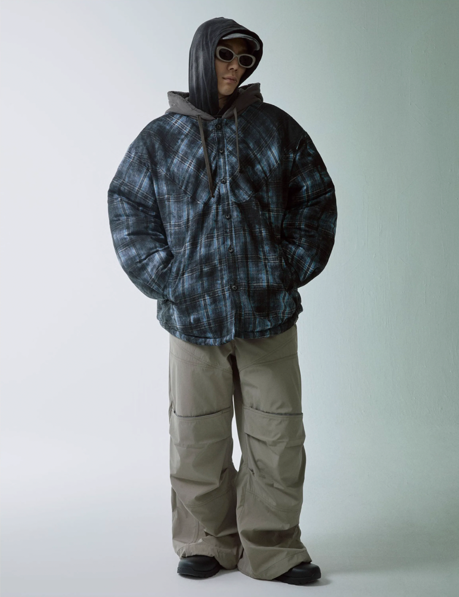 F2CE Hooded Overlay Old Plaid Quilting Shirt Jacket | Face 3 Face