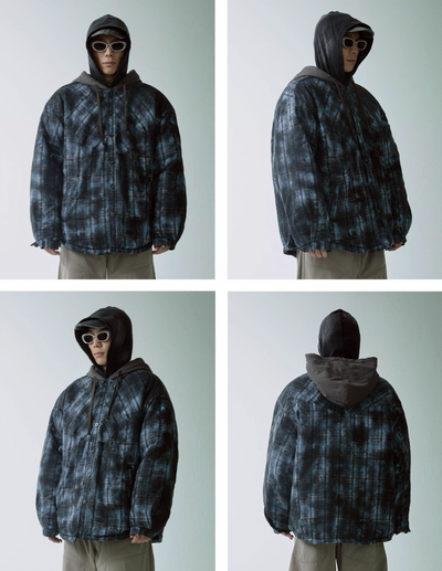 F2CE Hooded Overlay Old Plaid Quilting Shirt Jacket | Face 3 Face