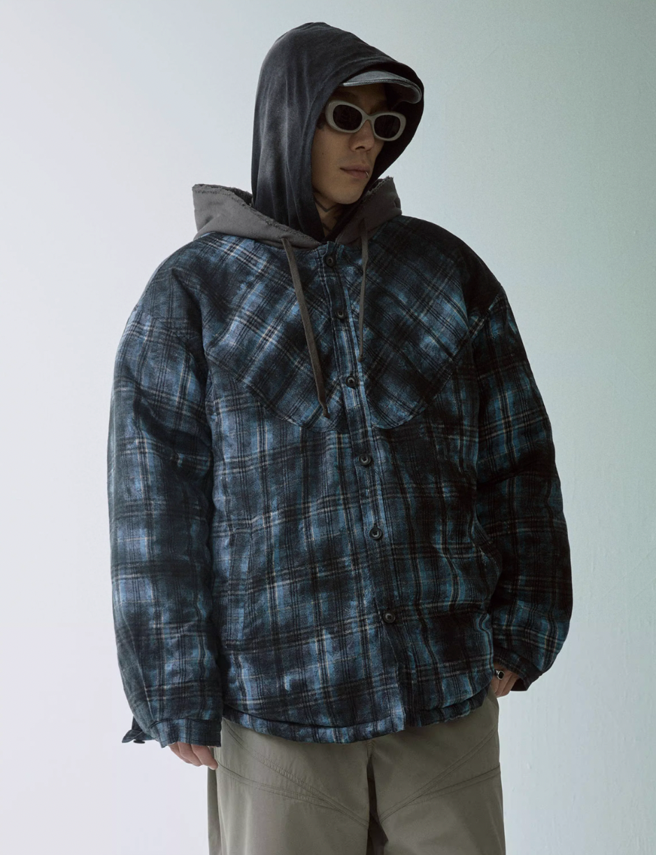 F2CE Hooded Overlay Old Plaid Quilting Shirt Jacket | Face 3 Face