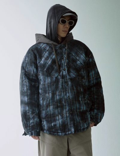 F2CE Hooded Overlay Old Plaid Quilting Shirt Jacket | Face 3 Face