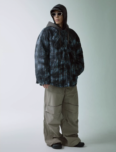 F2CE Hooded Overlay Old Plaid Quilting Shirt Jacket | Face 3 Face