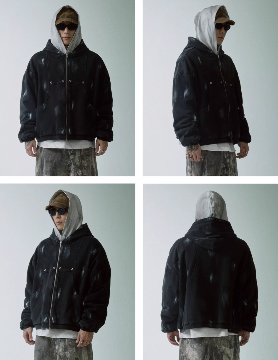 F2CE Handmade Wipe Paint Sherpa Fleece Hooded Jacket | Face 3 Face