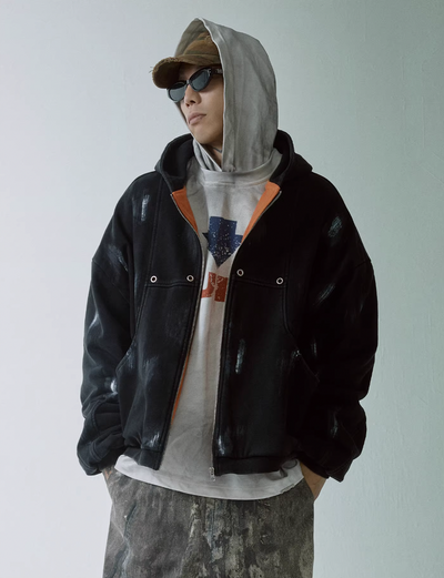 F2CE Handmade Wipe Paint Sherpa Fleece Hooded Jacket | Face 3 Face